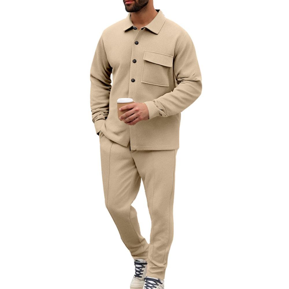 Men's Slim Fit Cardigan Jacket Single-breasted Pocket Long Sleeved Sportswear Elegant Two-Piece Set with Long Pants