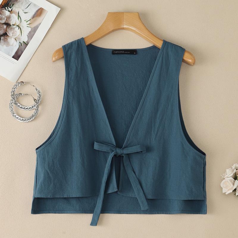 ZANZEA Women Lace-up V-Neck Sleeveless Casual Cardigans Vest Tops S