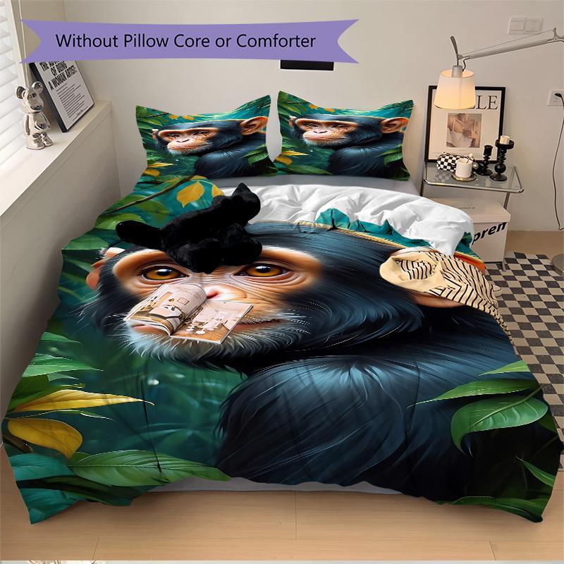 3pcs Chimpanzee, Jungle Bedding Set - 1 Duvet Cover + 2 Pillowcases(Core Not Included), Machine Washable Polyester Yy251216147