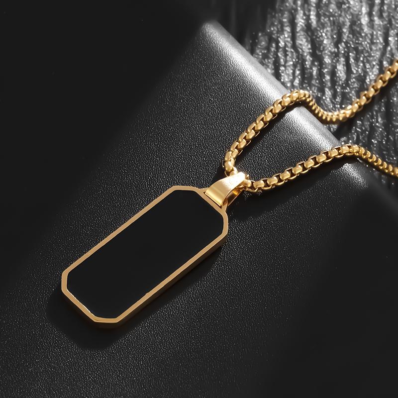 Stainless Steel Glossy Rectangular Black Pendant Necklace for Men Women Personalized Fashion Casual Party Jewelry