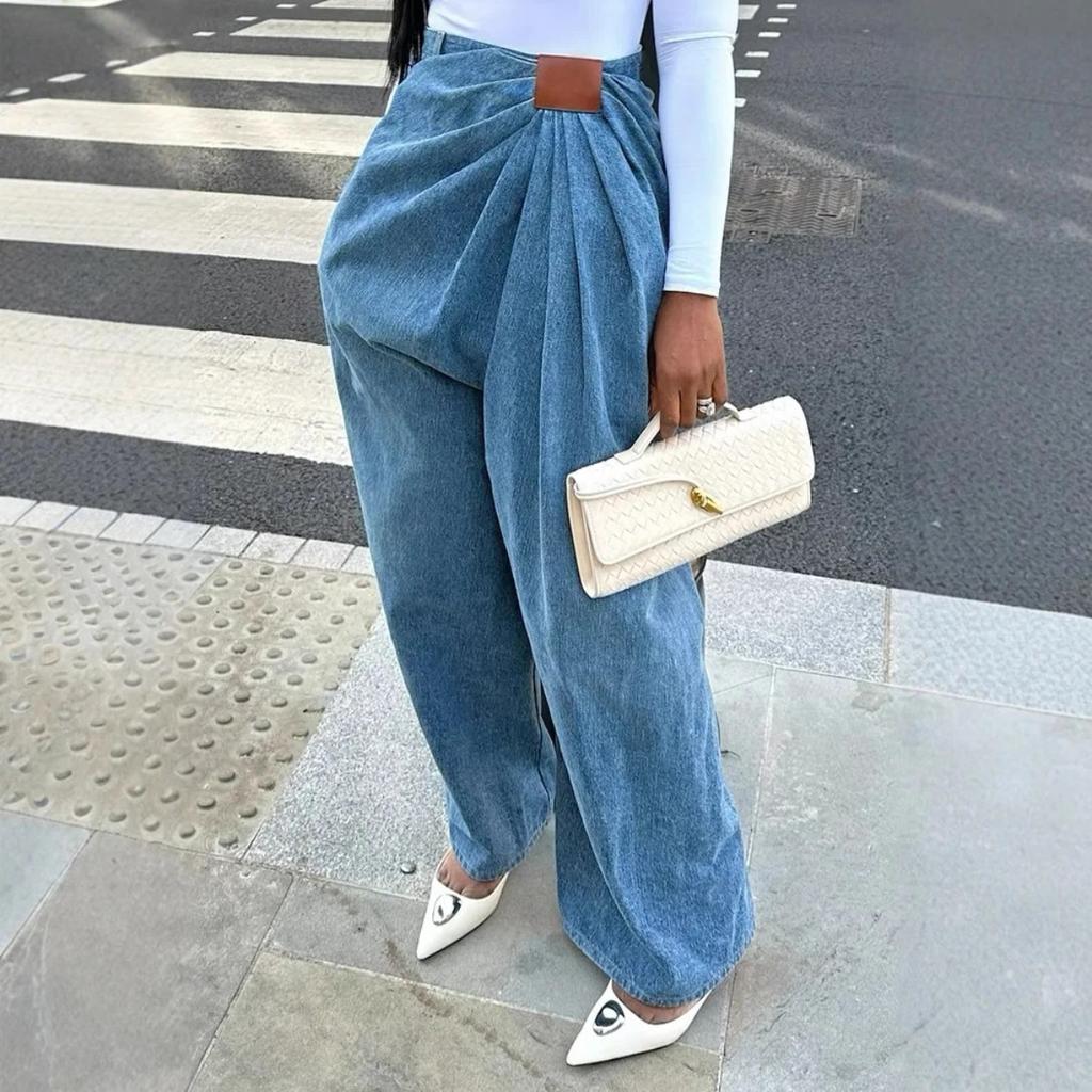 VIONA Women Wide Leg Pants Jeans Washed High Waist Folds Distressed Denims Spring Vintage Female Trousers Streetwear Floor Length