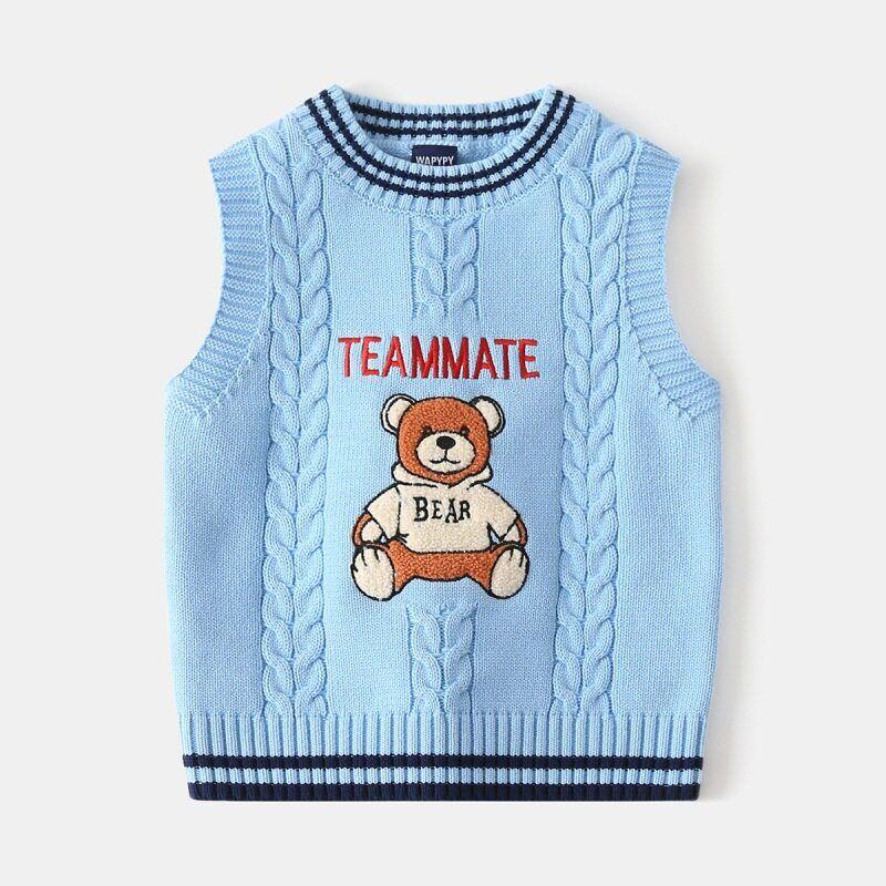 Kids  Sweater Knitwear Spring and Autumn Boys  Wool Vest Baby Cartoon Flocking Bear Sleeveless Vest Top Sky Blue 130