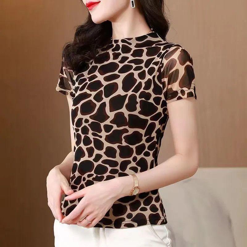 Mesh Bottoming Shirt Women's Short Sleeve Top Summer New Round Neck T-shirt Elastic Thin Print Blouse
