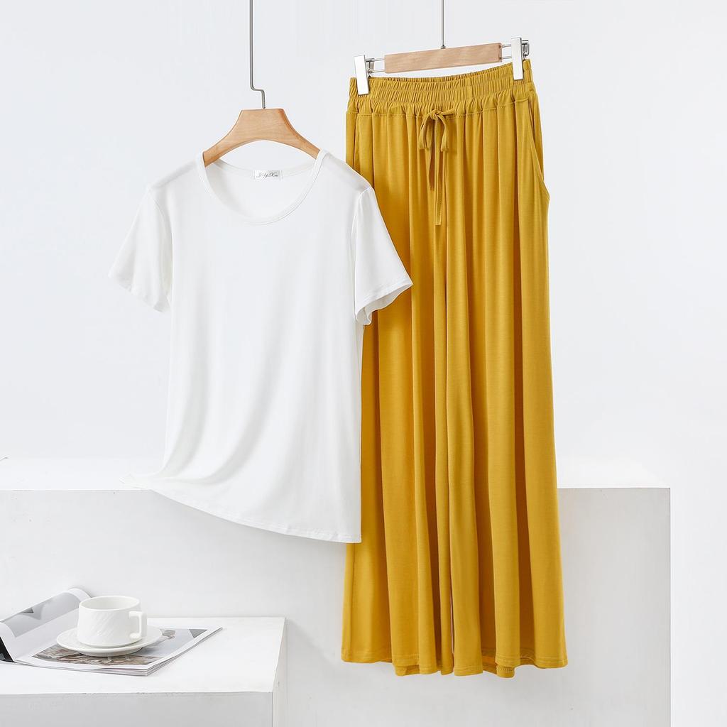 Color Block Cotton Crew Neck Two-Piece Set: Short Sleeve Top & Wide Leg Drawstring Pants