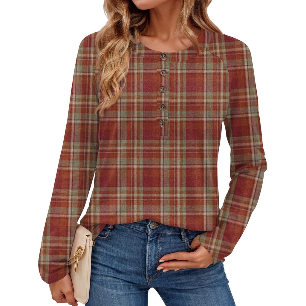 Women's Fashionable Plaid Print Round Neck Long-sleeved Top