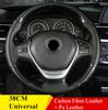 DIY Deluxe Glossy Black Carbon Fiber+Leather Car Steering Wheel Cover Trim 38cm