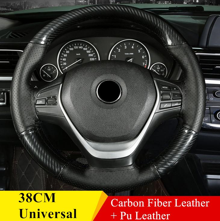 DIY Deluxe Glossy Black Carbon Fiber+Leather Car Steering Wheel Cover Trim 38cm