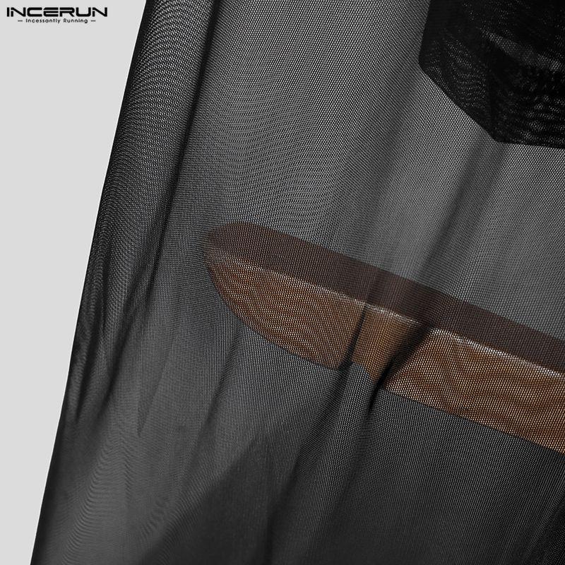 INCERUN Men Turtleneck Long Flare Sleeve Mesh Sheer Transparent Fitted Tops Party Clubwear T-shirts