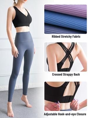 Damen Yoga-BH, Sport, gerippt, V-Ausschnitt, Workout, Joggen, drahtlos, Freizeitweste