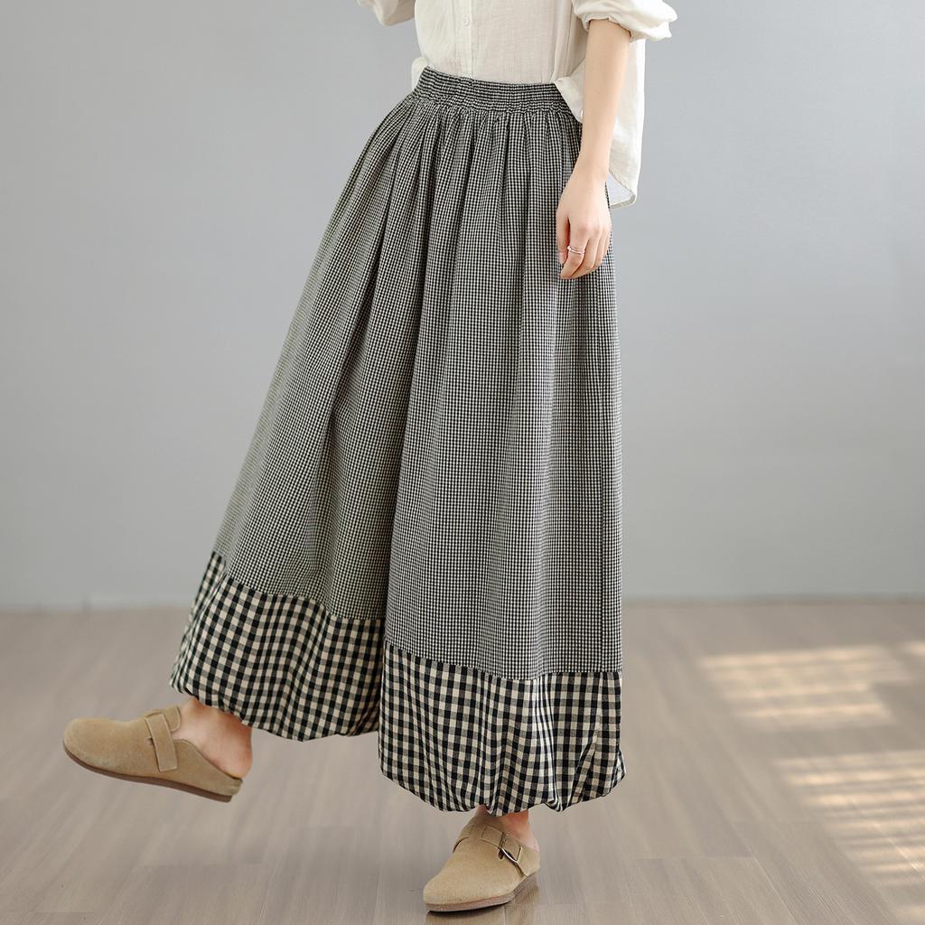 DIMANAF 2026 Summer Beach Plus Size Long Pants Women Plaid Black Elastic Waist Loose Vintage Casual Trousers Pants Print Bottoms