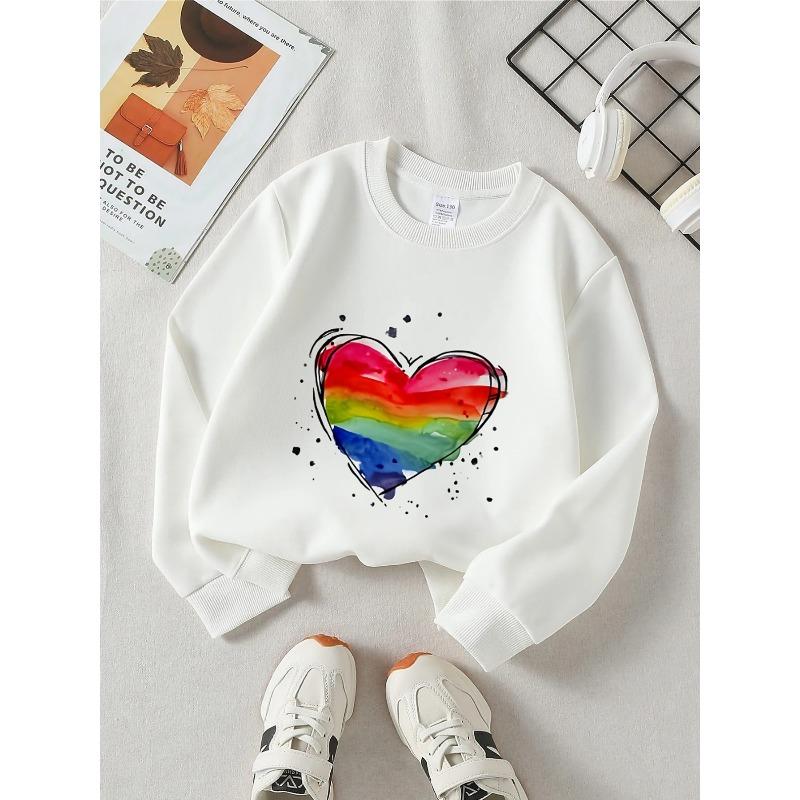 Kids Unisex Crewneck Sweatshirt, Watercolor Rainbow Heart With Black Ink Splash Print Soft Fleece Pullover For Kids Over 4 Years Old