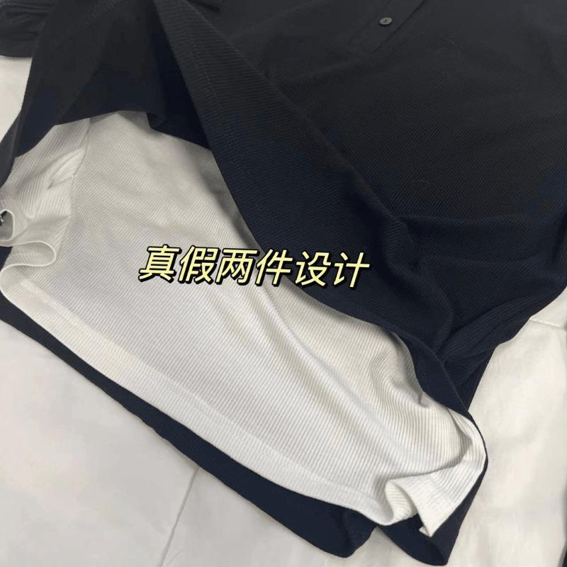 Frühling Kontrastfarben Patchwork Fake Zweiteiler Oberteil Damen Einreiher Altersmilder Unterziehshirt Pendler Langarmshirt