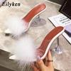 Fashion Eilyken Feather Fur PVC Transparent High Heels Woman Slippers Pointed Toe Mules Lady Pumps Slides Stripper White Shoes