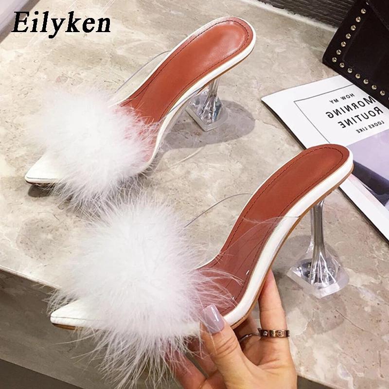 Fashion Eilyken Feather Fur PVC Transparent High Heels Woman Slippers Pointed Toe Mules Lady Pumps Slides Stripper White Shoes