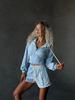 1116 Summer Casual Women's Velvet Color Matching Line Pocket Long Sleeve Cardigan Jacket Shorts Two-piece Set