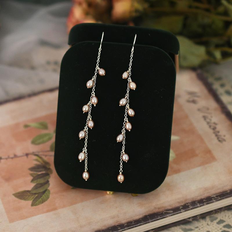 Freshwater Pearl Silver Fringed Long Earrings Fairy Round Face Thin Sweet Temperament Versatile Fashion Earrings