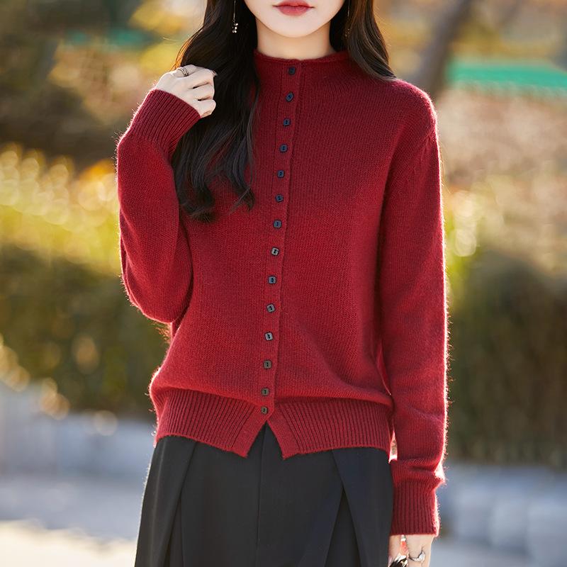 Autumn Winter Half High Collar Solid Single Breasted Cardigan Knitting Top Women Casual Fashion Sweater Coat
