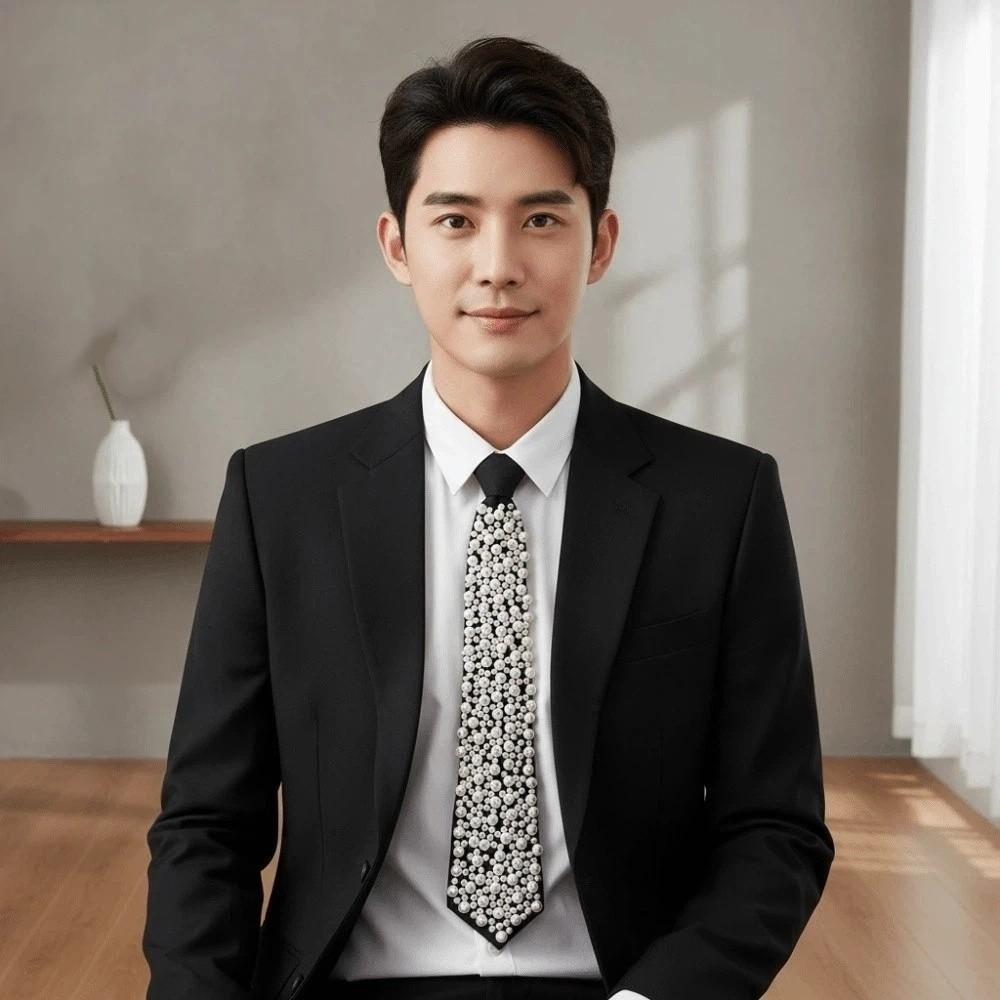 Korean Style Hand-beaded Long Necktie Choker Decoration Shirt Tie Full Pearls Tie  Performance