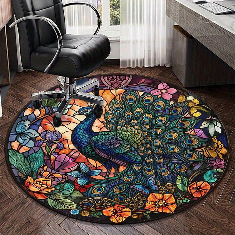 Blue Peacock Floral Art Round Carpet Chair Cushion Round Entryway Rug, Soft Round Rugs for Living Room, Bedroom, Circle Carpet Decor Gifts