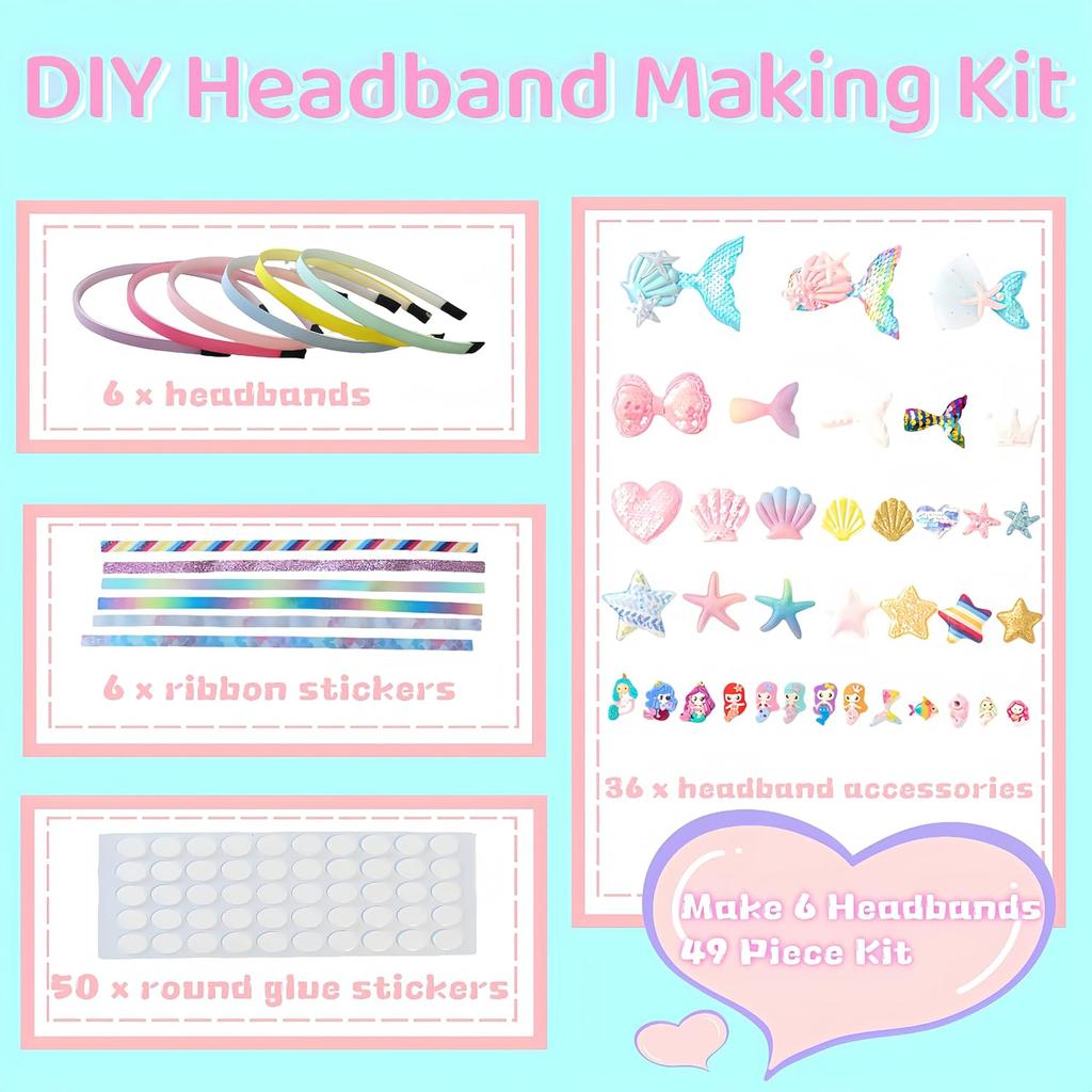 Dívčí DIY Hračka Vlasové Doplňky, Kreativní Dárková Sada 6ks Sada na Výrobu Čelenek, Vánoční Narozeninový Dárek Věk 6 7 8 9 10 11