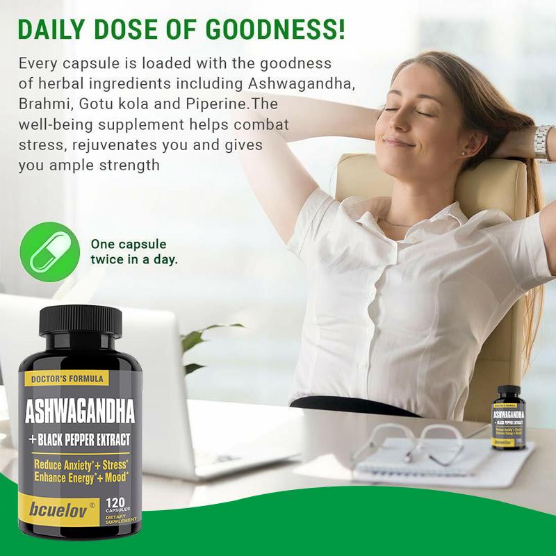 Highly effective stress-reducing supplement, contains black pepper root to improve absorption, 120 capsules.