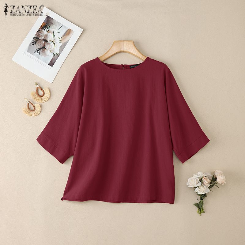 ZANZEA Damska codzienna bluzka z okrągłym dekoltem, luźna, letnia, z rękawem do połowy