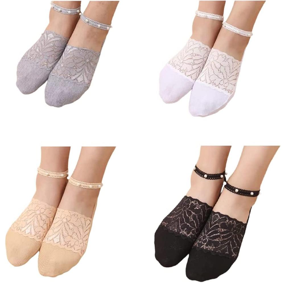 1 4 Pair Thin Pearl Lace Socks Ladies Beaded Lace Socks Ankle Socks Cute Mesh Transparent Lace Liner Socks Invisible