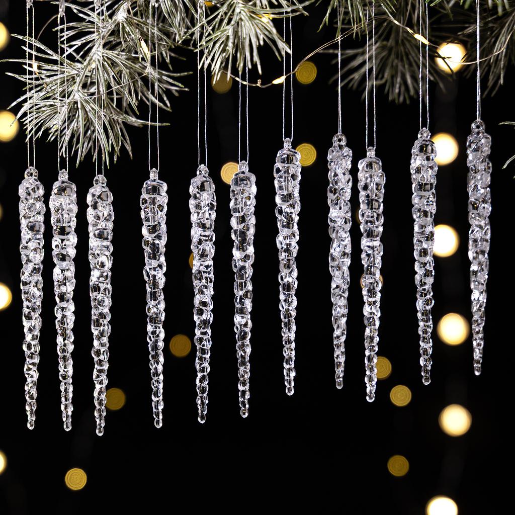 12Pcs Christmas Icicle Ornaments Hanging Acrylic Crystal Christmas Ornaments Clear Plastic Icicles Christmas Tree Decorations