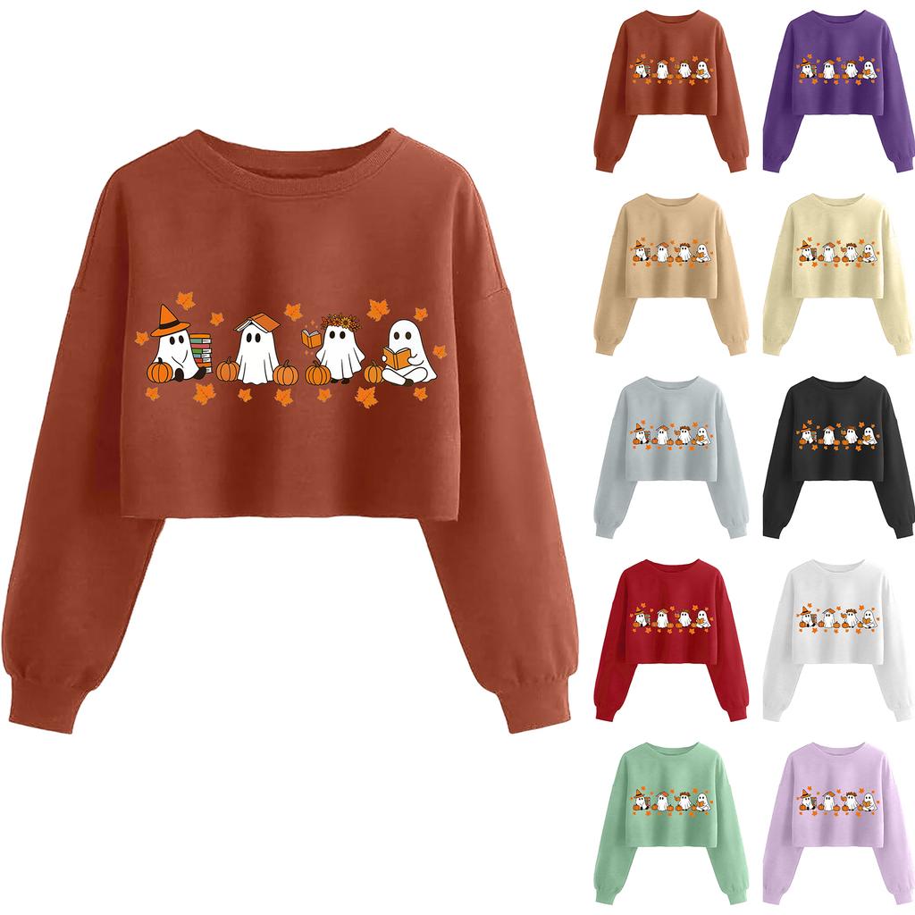 Women's Fashion Halloween Printed Navel-Exposed Long Sleeve Pullover Sweatshirt