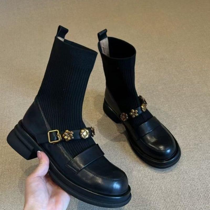 Retro Metal Buckle Elastic Short Boots Autumn and Winter College Style Knitted Boots Women's Versatile Thick-soled Loafers Boots