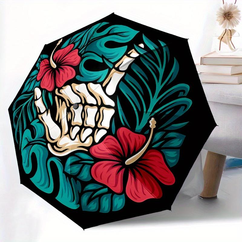 1pc Skull Flowers Automatic Open/close Folding Compact Umbrella, 8 Rib Sturdy Canopy, Lightweight Portable, Everyday Use, Gift,,139