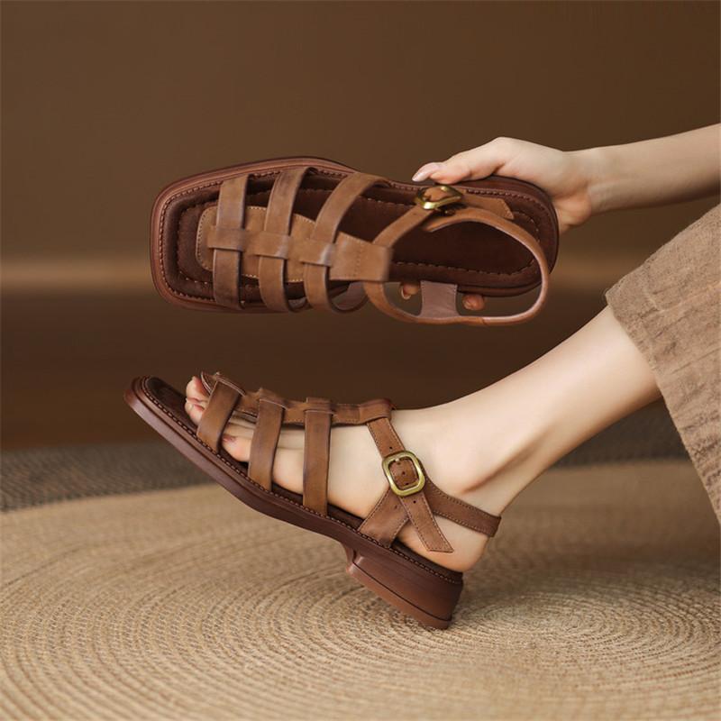 Fashion New Summer Sandals Sheep Leather Women Shoes Square Toe Chunky Heels Sandals for Women Handmade Fashion Roman Sandals Shoes