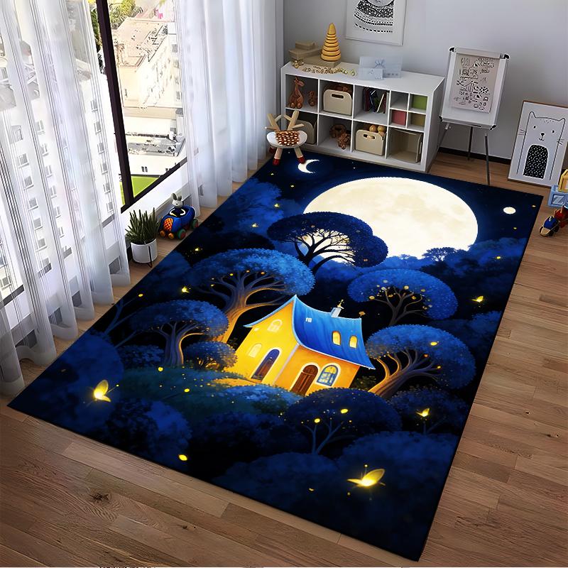 Cozy Cottage Night Scene Carpet with Moonlight and Glowing Forest Suitable for use as an anti-slip for living room bedroom sofas
