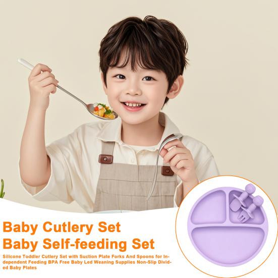 Silicone Toddler Cutlery Set with Suction Plate Forks And Spoons for Independent Feeding BPA Free Baby Led Weaning Supplies