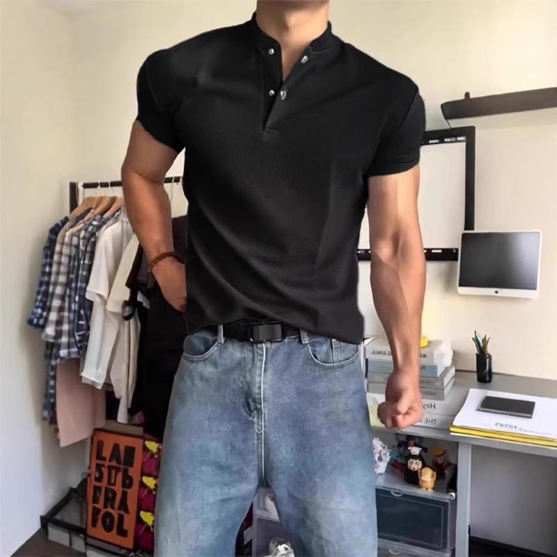 

Men Solid Color Stand Collar Button Up Short Sleeve Slim Fit Casual Henley T Shirt M чёрный