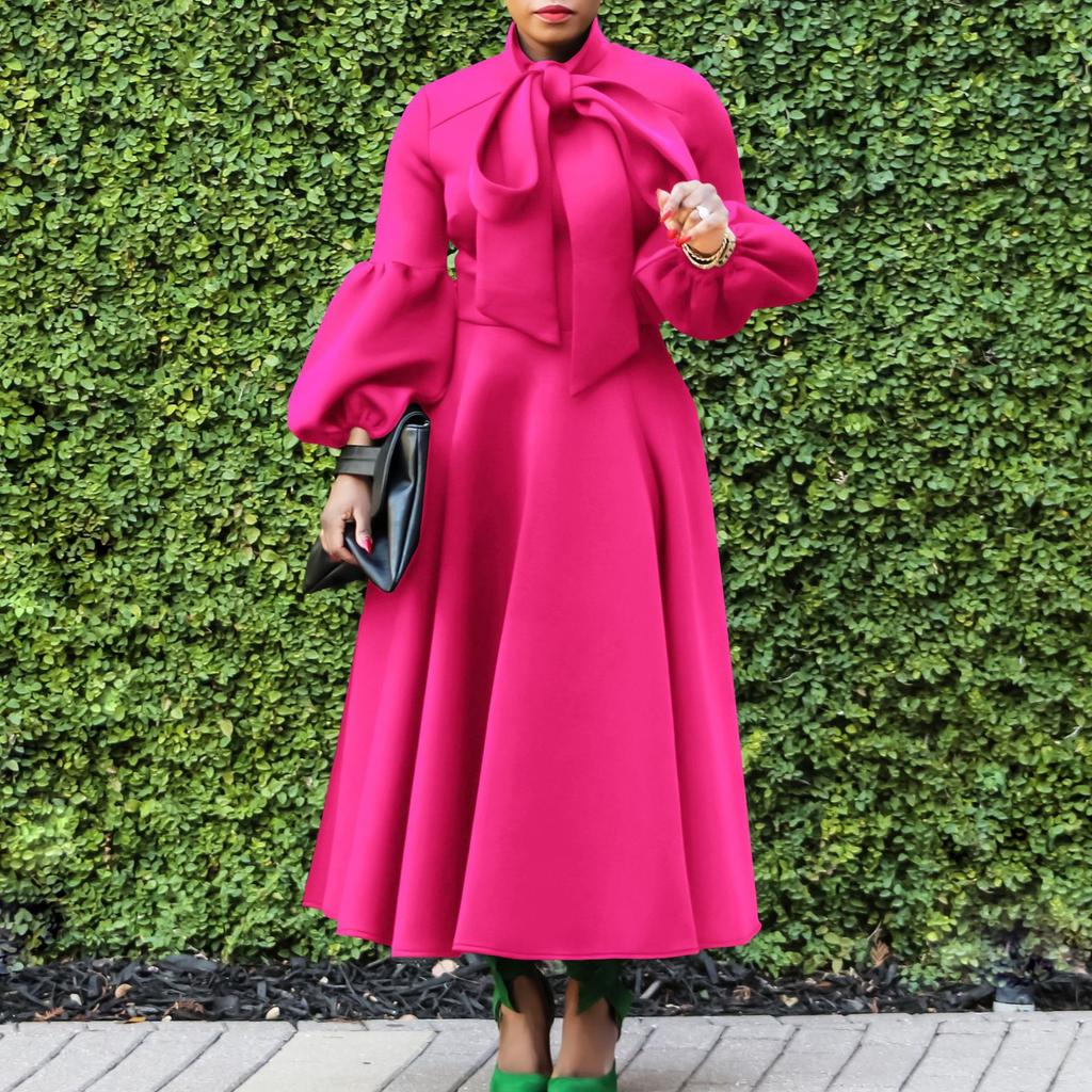 Women Long Sleeve Elegant Dresses Bow Collar High Waisted Pleated Mid Calf Luxury Birthday Party Vestidos Mujer Dress