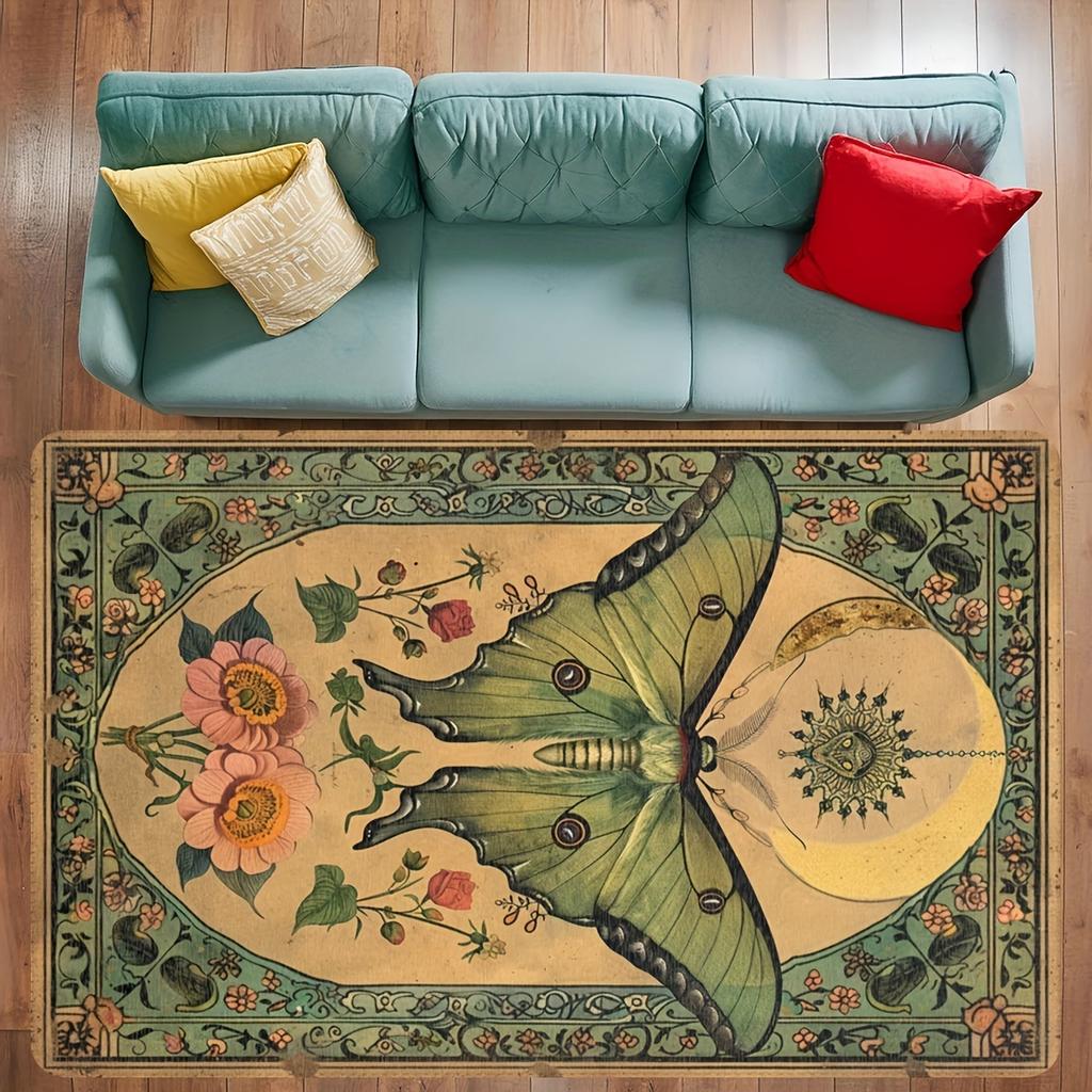 1pc Artistic Butterfly Area Rug and Moth Pattern Lunar Elements Rectangle Mat Hand Machine Made Living Room Bedroom Decoration