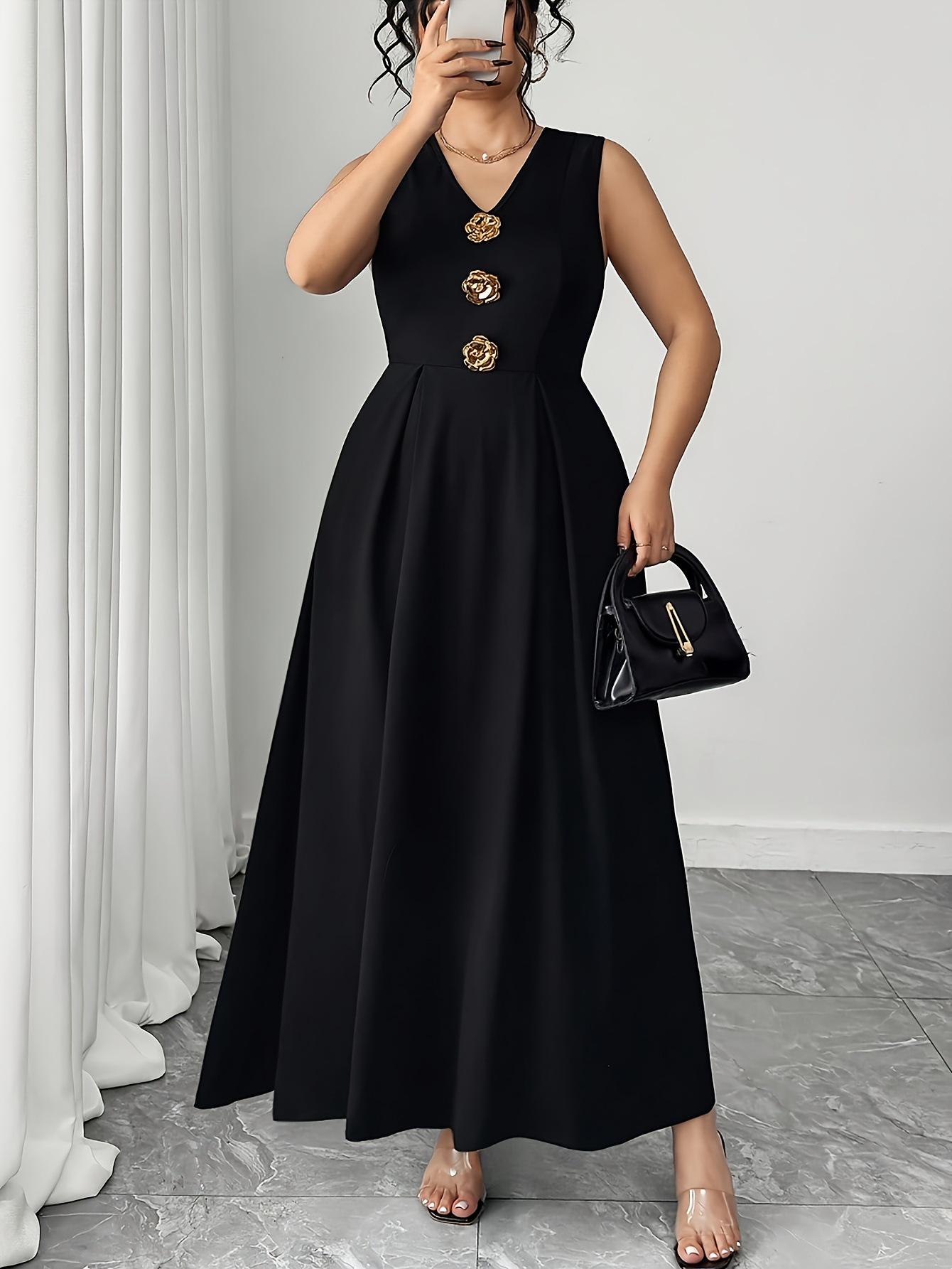 Plus Size Women s Summer V-neck Waist-cinching Slimming Dress - French Simple Sleeveless 1XL чёрный