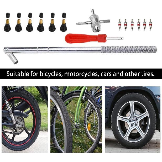 Tire Valve Stem Tool Puller And Taller Kit, Remover And Tallation Set, 6 Pcs TR412 Snap-In Valve Stems With Valve Stem Cores, 1 Pcs Single Head Tire