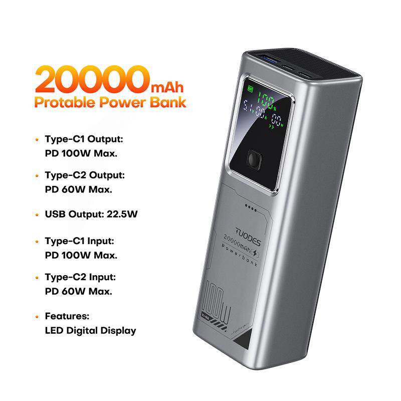 

Tuodes PD 100W Power Bank Быстрая зарядка 20000 мАч Емкость внешней батареи Портативное зарядное устройство для ноутбука iPhone Samsung Xiaomi серый