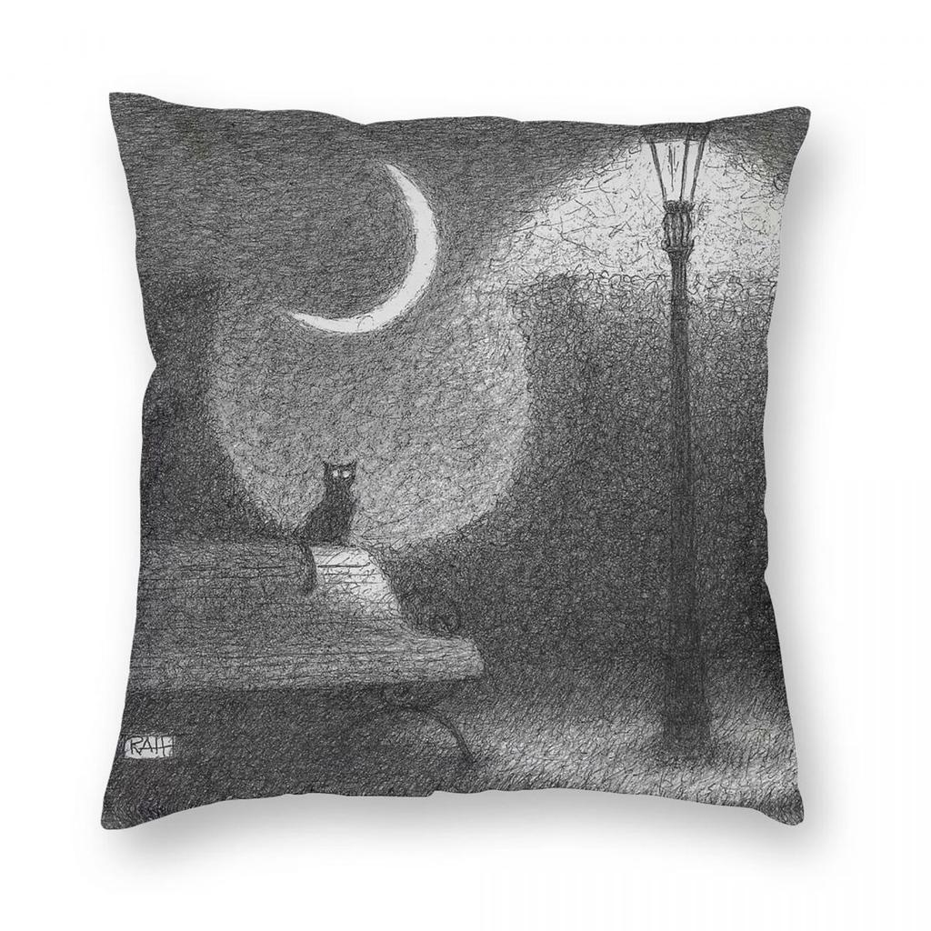 Cat Moon Lamppost Square Pillowcase Polyester Linen Velvet Printed Zip Decor Pillow Case Room Cushion Cover Wholesale