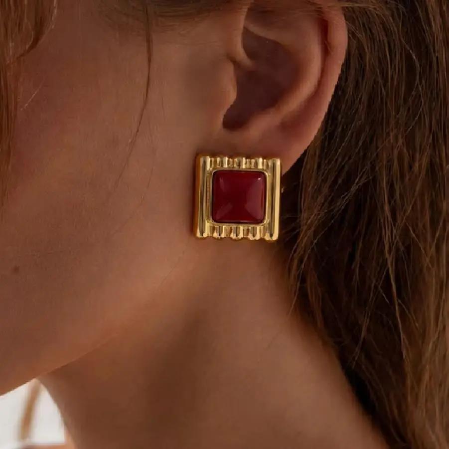 New 7 Colors Luxury Gold Plated Stainless Steel Stud Earrings for Women Vintage Acrylic Resin Square Earrings Boho Jewelry