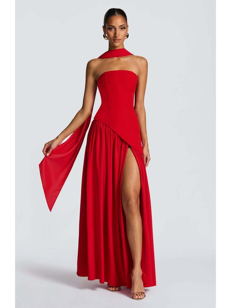 Chique Strapless Effen Kleur Maxi Jurk – Sexy Backless Design met Hoge Split