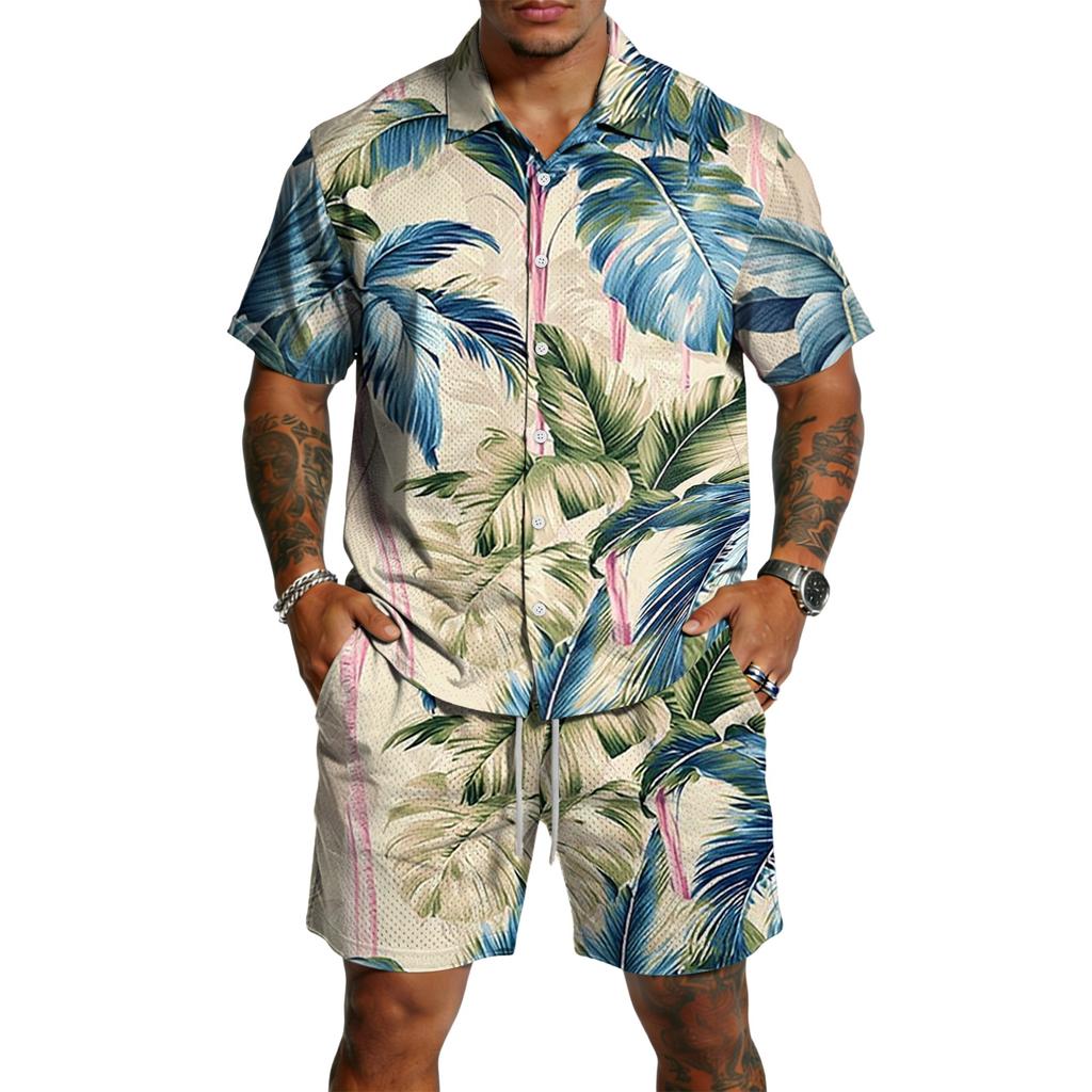 Men's Casual Printed Lightweight Breathable Shirt and Drawstring Shorts Set