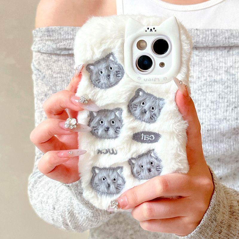 Soft Fluffy Plush bowknot Star Cat Ears 3D Pearl Phone Case For iPhone 17 Air 14 15 16 Plus 13 Pro Max 11 12 Warm Winter  Cover  Embroidery