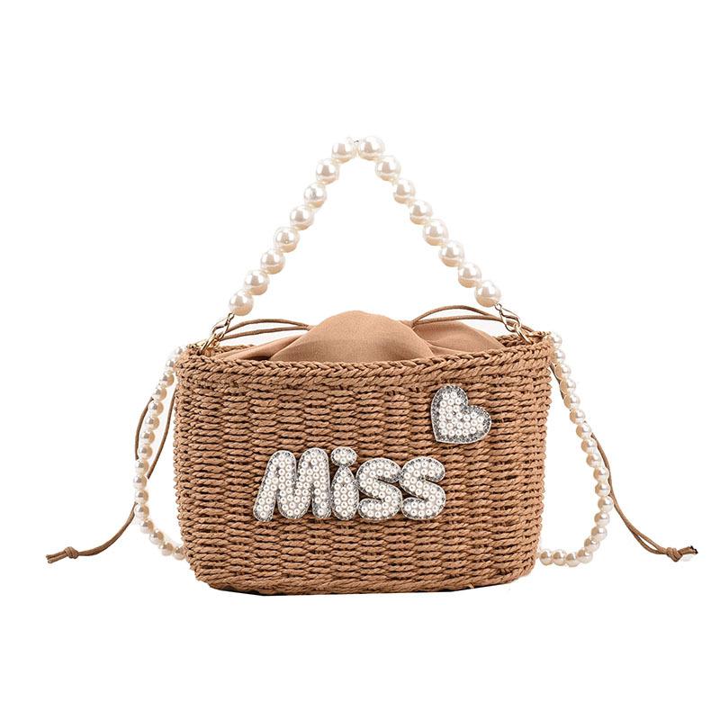 Summer Straw Bag Women's Pearl Hand Woven Bag Fairy Beach Vacation Beach Bag Chain Crossbody Bag