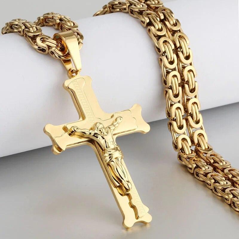 Fish Bone Pattern Cross Pendant Necklace Men Stainless Steel Crucifix Jesus Link Byzantine Chain Necklace Catholic Jewelry Gift