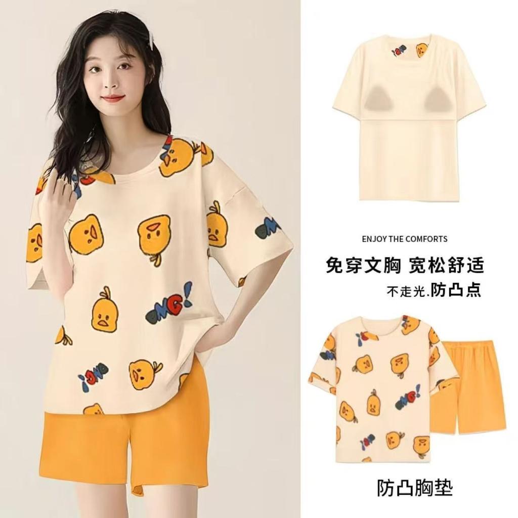 Pajamas with chest pads women's summer 1011 new women's short-sleeved thin loungewear summer