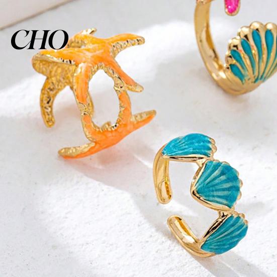 Stacking Rings 4Pcs/Set Ocean Series Ring Set, Multiple Styles Starfish Shell Design Non-fading Golden Finger Ring, Alloy Adjustable for Jewelry Gift