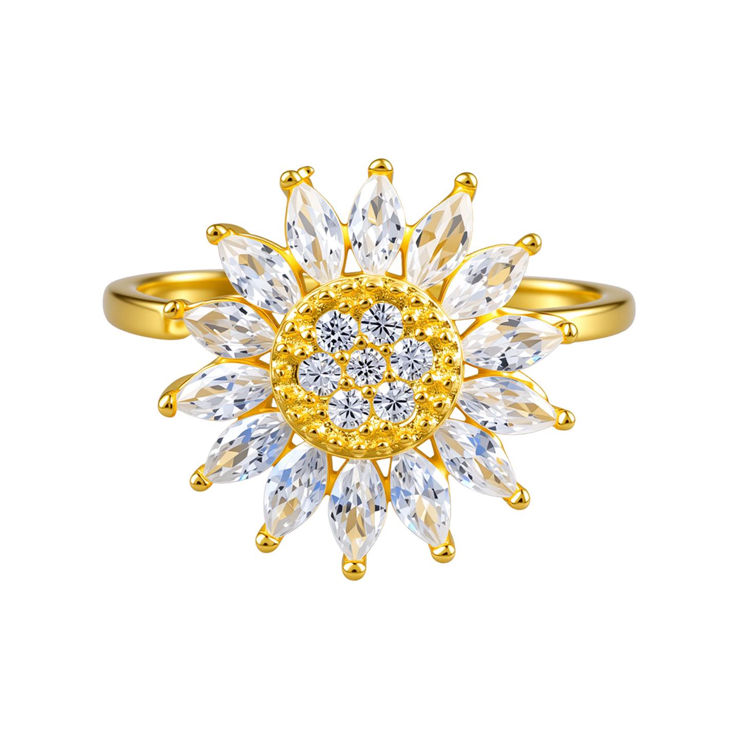 Eco-Friendly Sunflower Rhinestone Ring: Adjustable Luxury Jewelry Adjustable Open